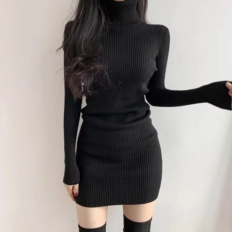 2024 New Turtleneck Sweater Dresses Lady Sexy Slim Streetwear Bodycon Mini Dress Women Thick Basic Bottoming Dress Woman