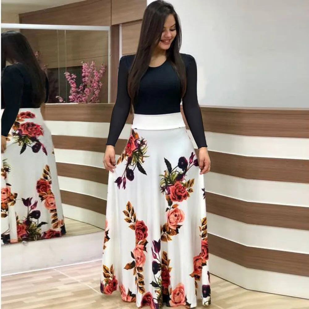 Autumn Hot Selling European and American Flower Color Matching Dresses, Long Dresses, Women'S Clothing in Stock