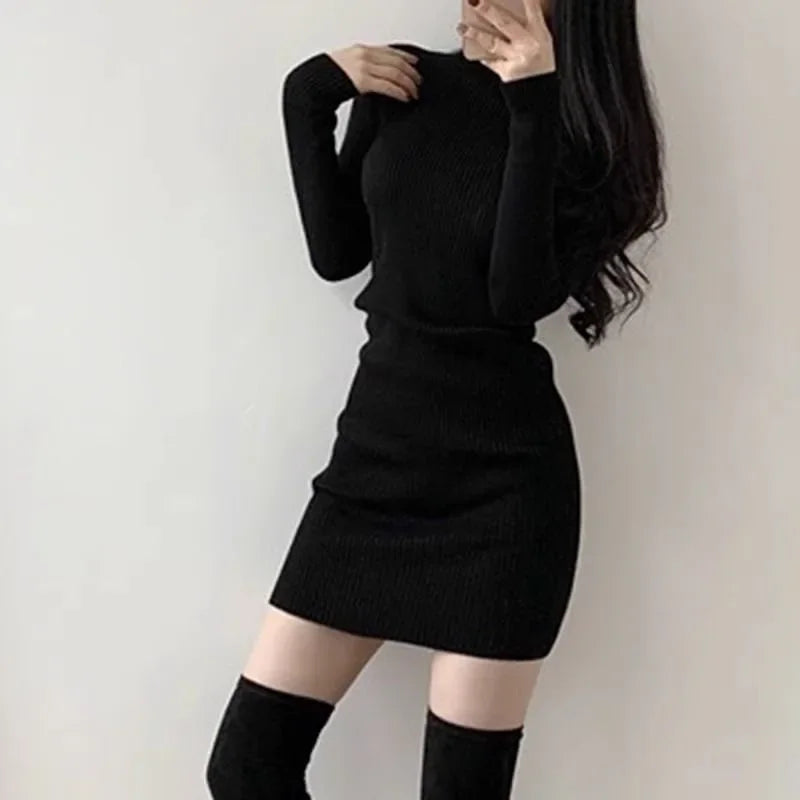 2024 New Turtleneck Sweater Dresses Lady Sexy Slim Streetwear Bodycon Mini Dress Women Thick Basic Bottoming Dress Woman