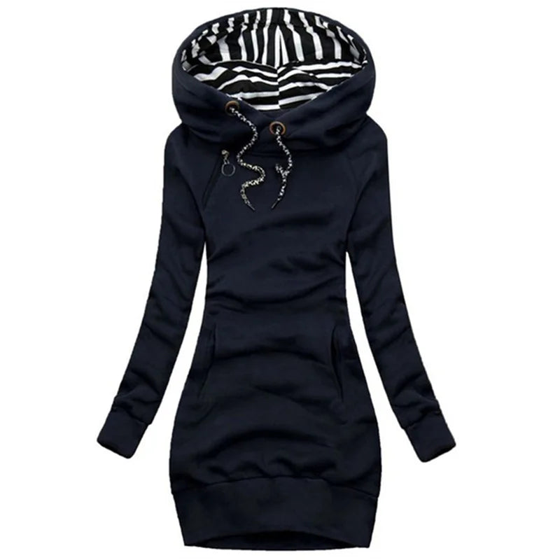 Hoodie Dress Casual Solid Colour Long Sleeve Drawstring Hoodie Dress Slim Hooded Pullover Sweatshirt Dress