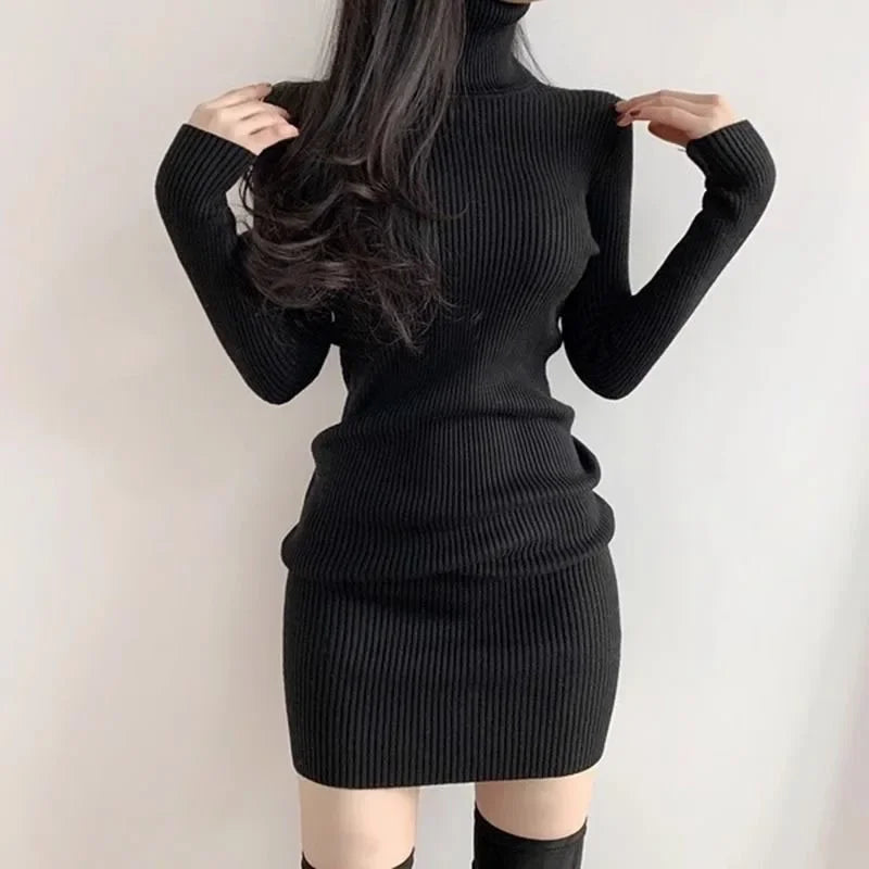 2024 New Turtleneck Sweater Dresses Lady Sexy Slim Streetwear Bodycon Mini Dress Women Thick Basic Bottoming Dress Woman